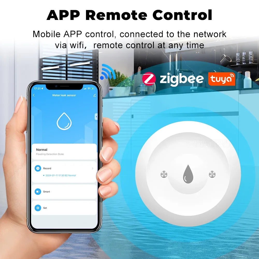 For Tuya Zigbee Water Leak Detector Smart Home Flood Sensor Real-Time Smart Life APP Alerts and Alarm History