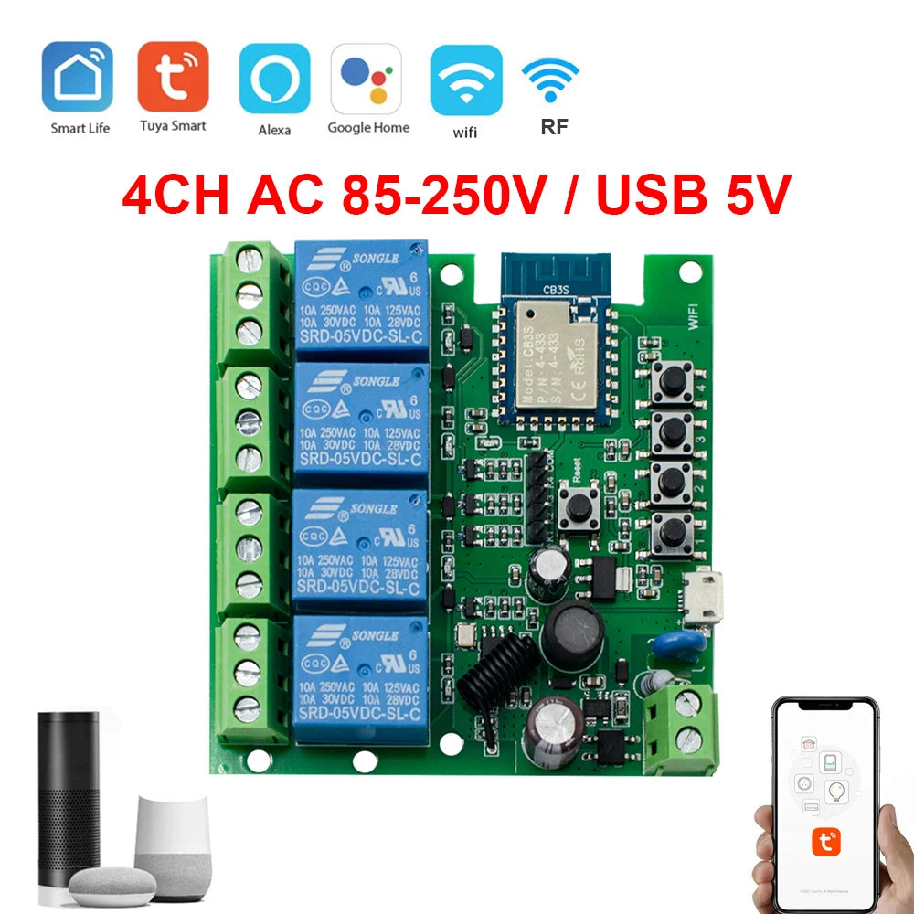 Tuya Smart Wifi Switch Module 12V 32V 220V RF 433 Radio Remote Control 1/2/4 Channels Relay for Alexa Google Home Smart Life