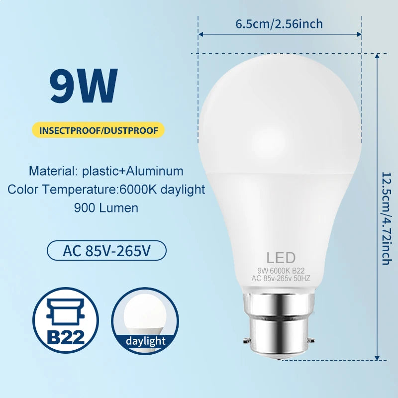 B22 9W 12W LED Bulb Energy Saving AC85-265V LED Lamp Bulb for Living Room Home Kitchen Garage Indoor