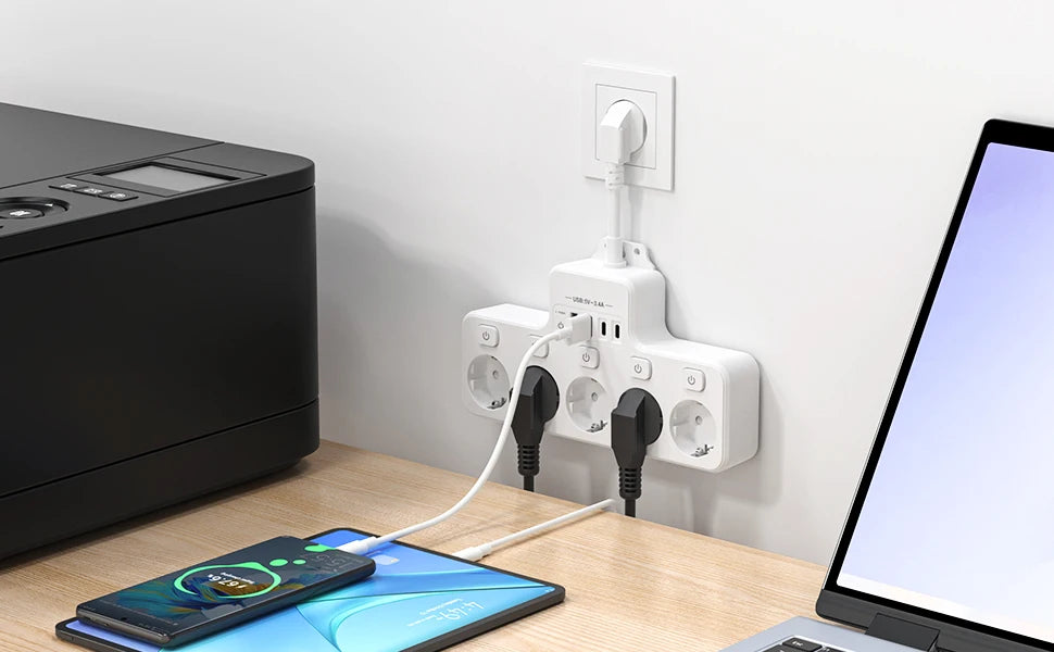 4000W 16A EU Multi-Contact Plug Power Plate Multi-Function Socket with 4 USB Fast Charging Ports 5 AC Power Jacks