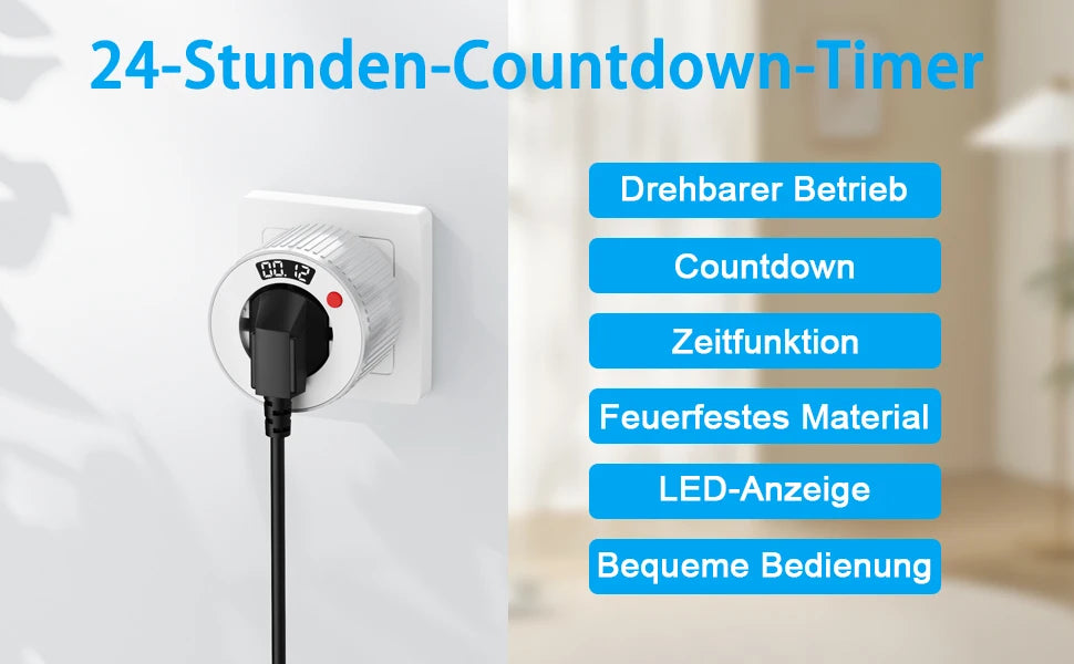 24-hour European standard rotary timer socket, rotary time adjustment, 3680W high power, fireproof and overload resistant