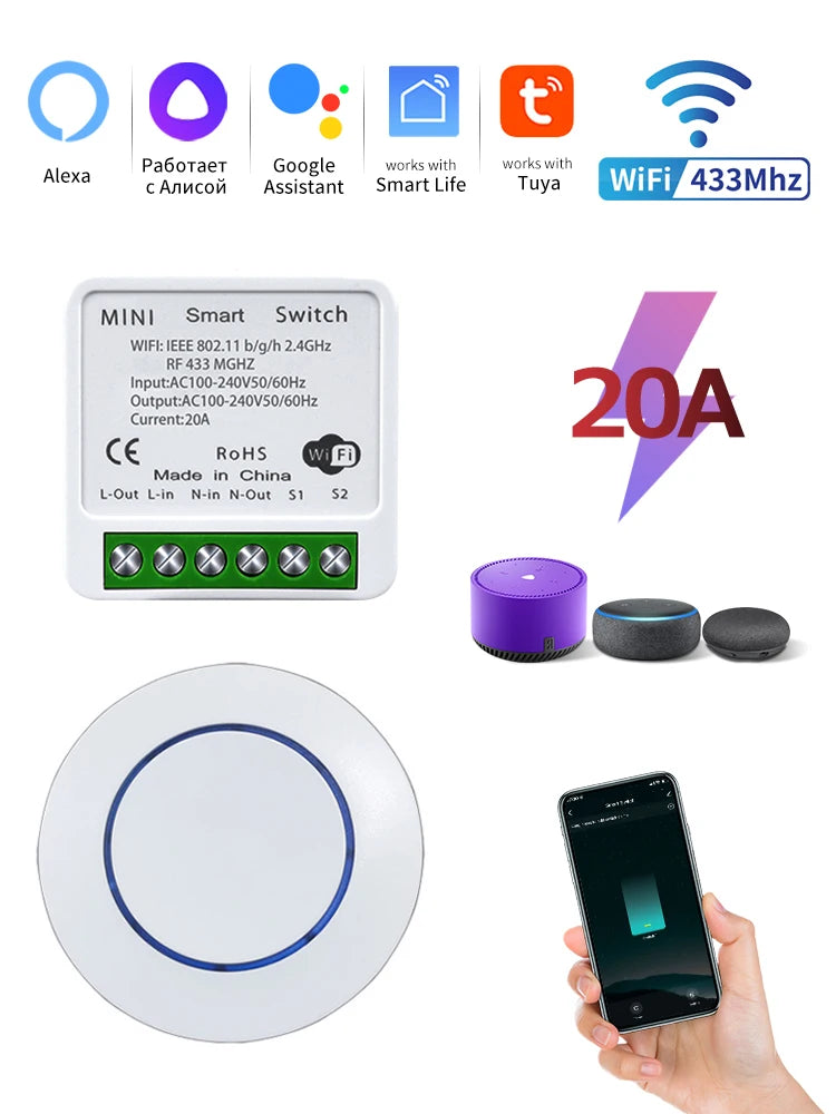 WiFi Circuit Breaker Tuya Smart Home APP Phone Voice Control Wireless Remote Switch RF433 for Alexa/Google Assistant/Smart Life