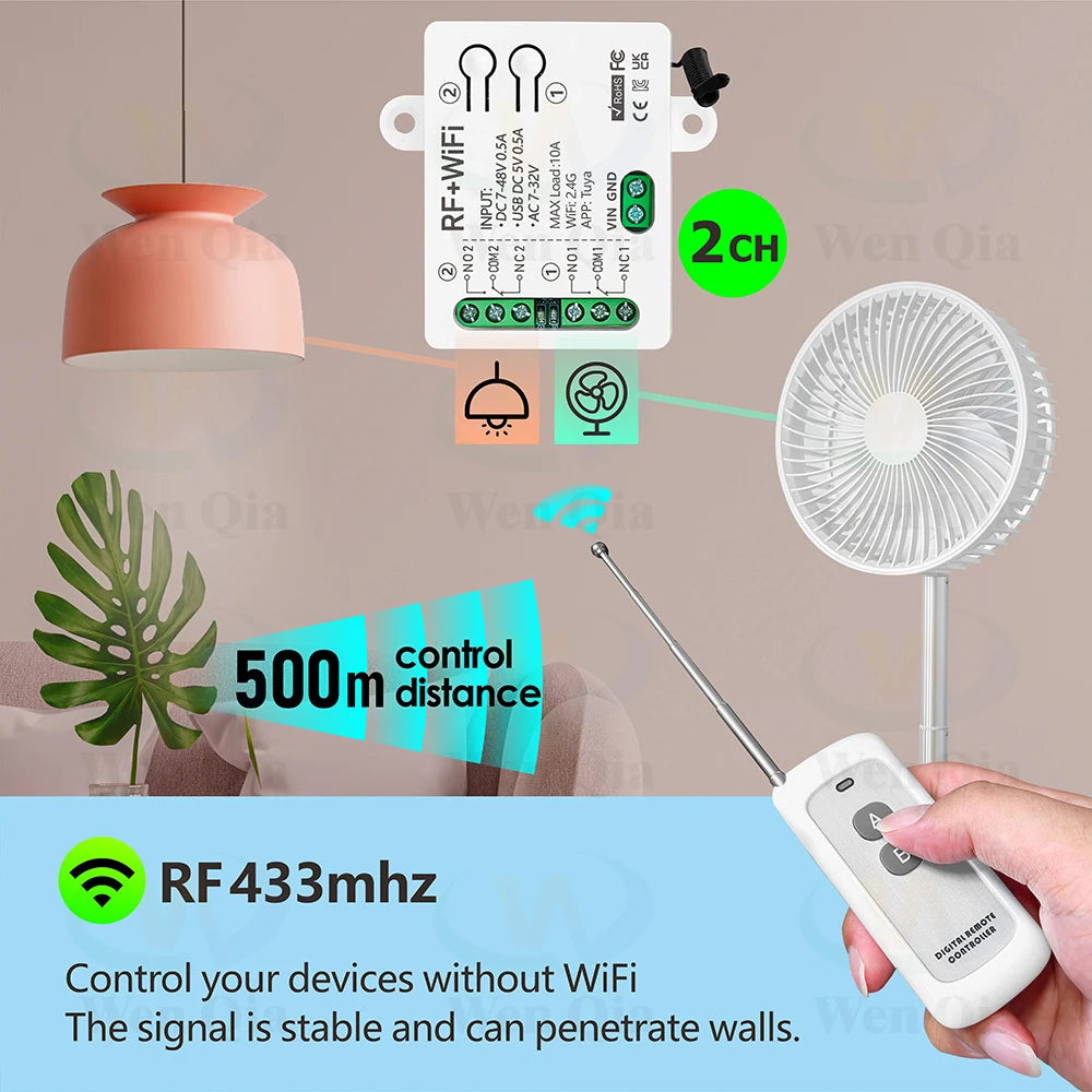 2CH Smart Light Switch Tuya,WiFi & RF Remote Control Module,USB 5V DC 12V 24V 48V,work with Alexa Google Home,for Lamp Fan Motor