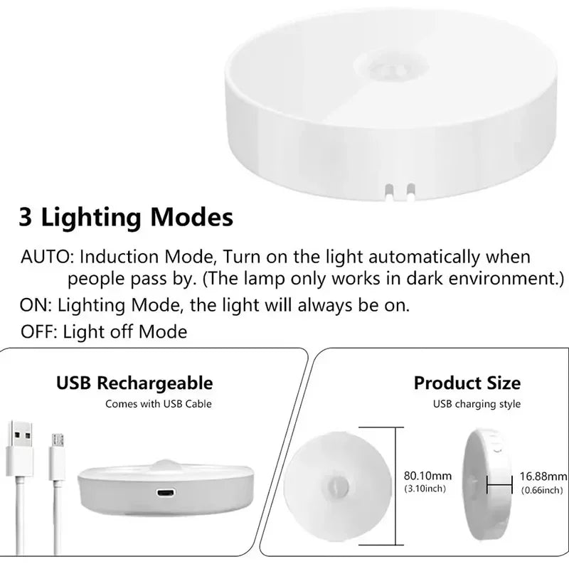 Motion Sensor Puck Lights LED Wireless USB Rechargeable Operated Under Cabinet Lighting on Shelf Display Closet Counter Light