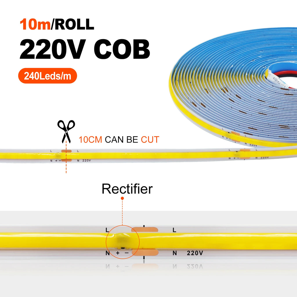 220V COB LED Strip Light 5M 10M 15M 20M Flexible Tape No Need Driver High Brightness 240LEDs RA90 Red Blue White Linear Lighting