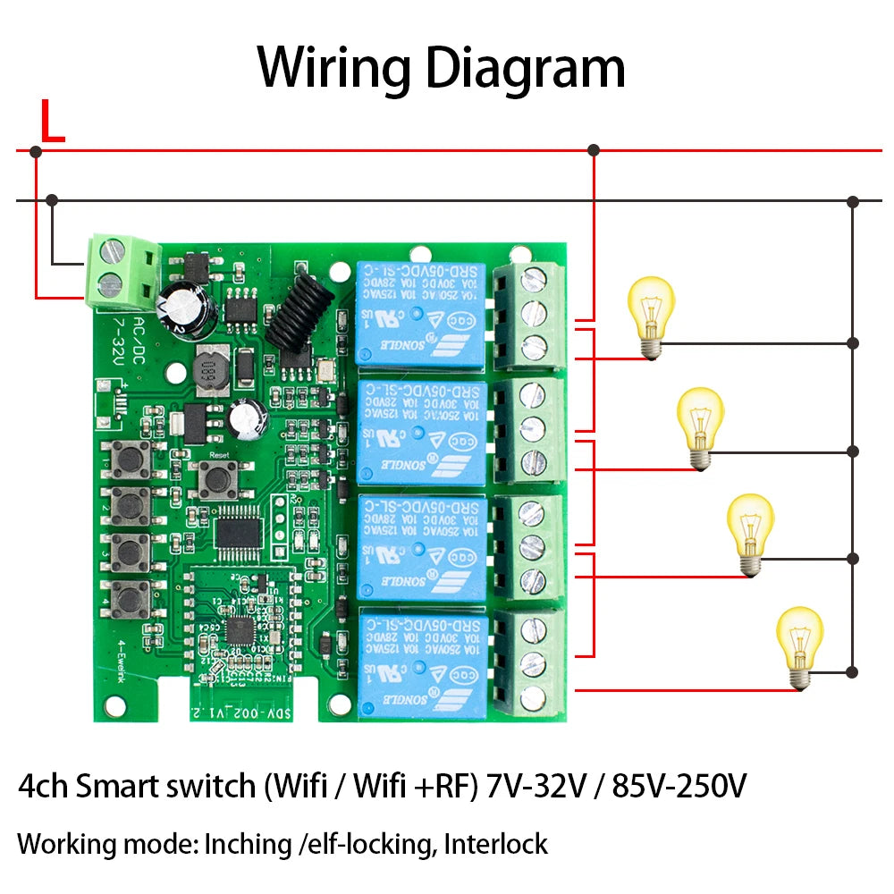 EWelink WiFi Smart 4CH Switch 220V 10A Relay Module APP Remote Control 12V 24V 85-250V Receiver Google Home Alexa