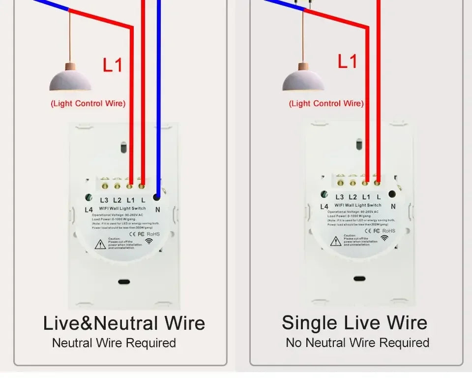 Tuya Smart Switches US Neutral Wire/No Neutral Wire Required 1/2/3/4 Gang WiFi Touch Light Switch Work with Alexa Google Home