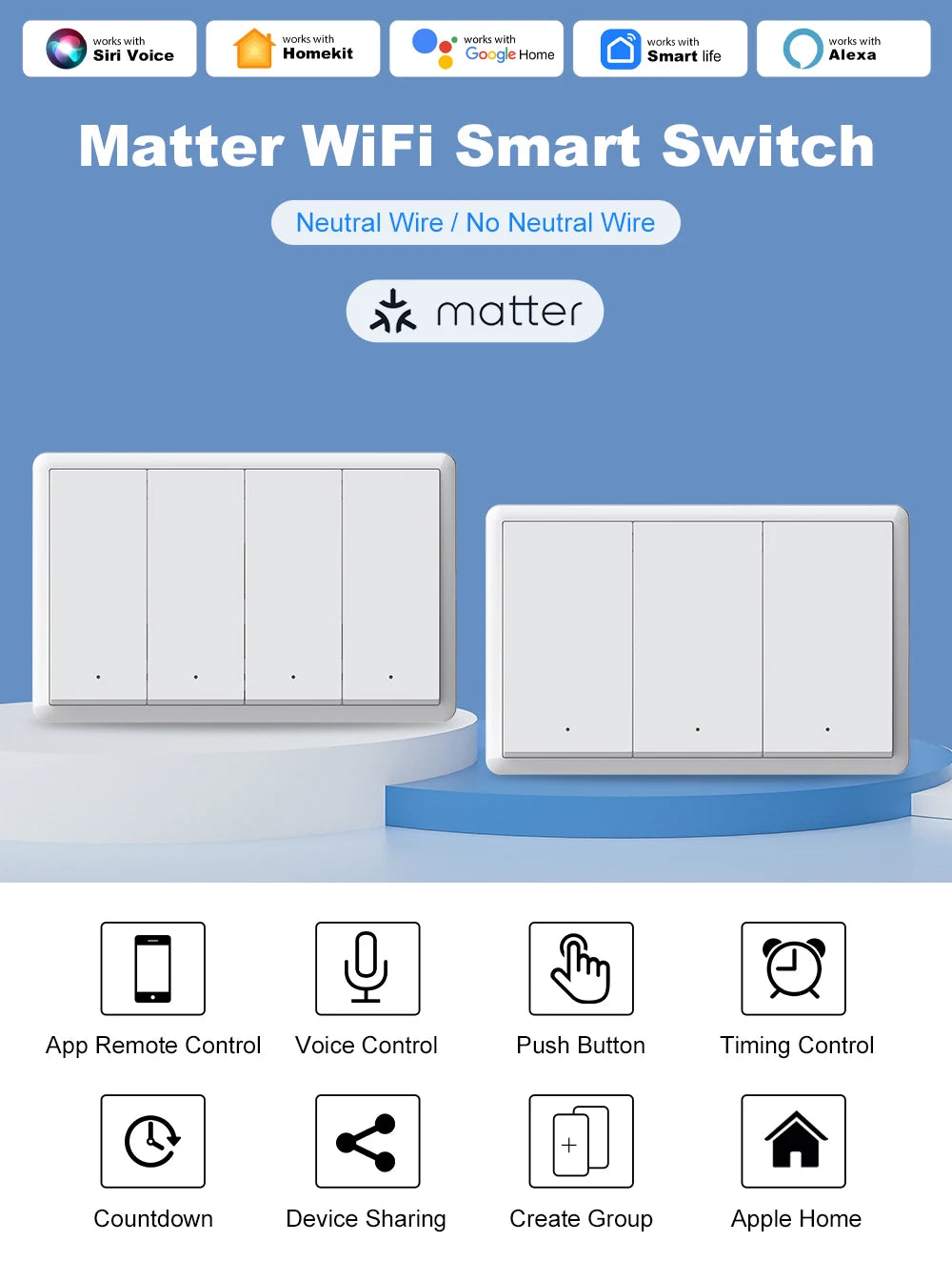Smart Matter WIFI US Wall Light Switch Neutral Wire Optional 1-4 Gang Big Physical Push Button Voice Control Google Home Alexa