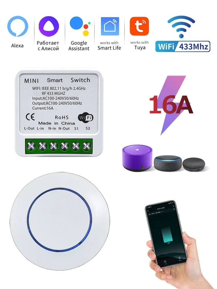 Tuya WiFi Smart Switch 16A RF 433Mhz Wireless Remote Control Push Button Switch Voice Control With Alexa Google Assistant Alice