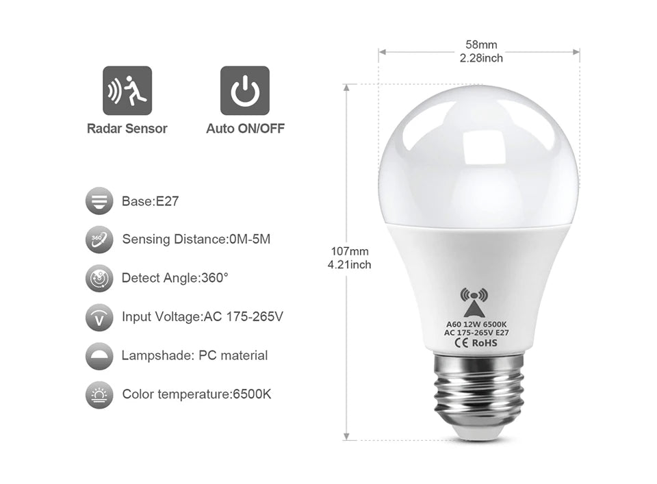 LED Night Light Radar Sensor Bulb E27 12W 220V 110V Night Lamp Luz Led for Bedroom Stairs Hallway Cozinha Lighting