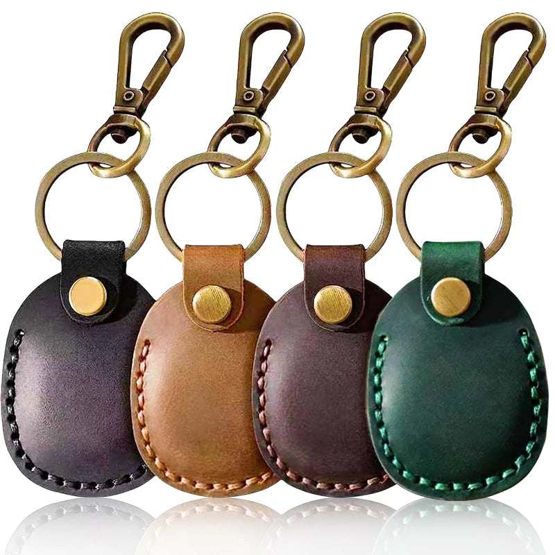 For Apple AirTag Portable Handmade PU Leather Holder Case with Keyring Full Coverage Protective Case Cover for AirTags Air Tag