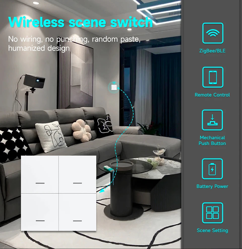 Tuya ZigBee 3.0 Smart Scene Switch Wireless Free Sticker Wall Scene Switch Push Button Battery Powered Transmitter Alexa