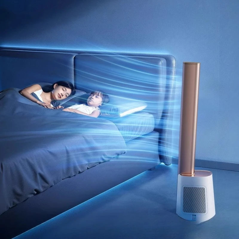 Smart Air Purifier Tower Fan with Cooling Mode - Low Noise Floor Standing AC Bladeless Fan for Whole Room Circulation