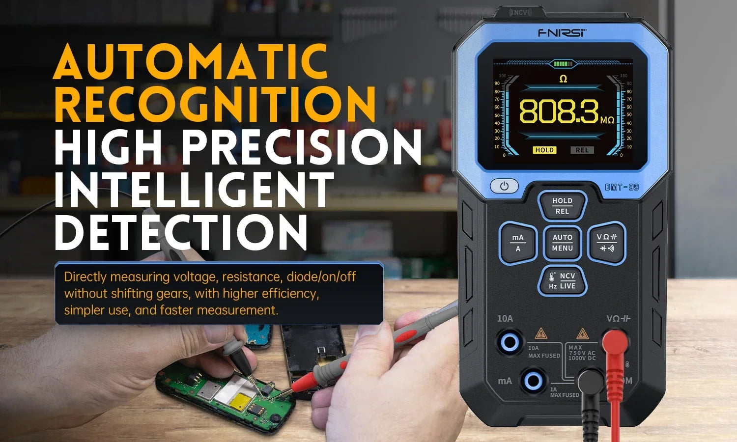 FNIRSI DMT-99 Digital Multimeter 9999 Counts Smart Professional Tester for 1000V Auto - range AC/DC Ohm Hz and Capacitance