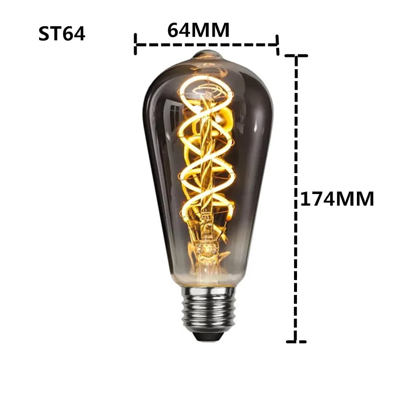 6PCS LED ST64 Smoky Gray E27 2700K Warm GSpiral Filament Bulb 4W 220V 110V Retro Vintage Decorative Lighting Dimmer Edison Lamp