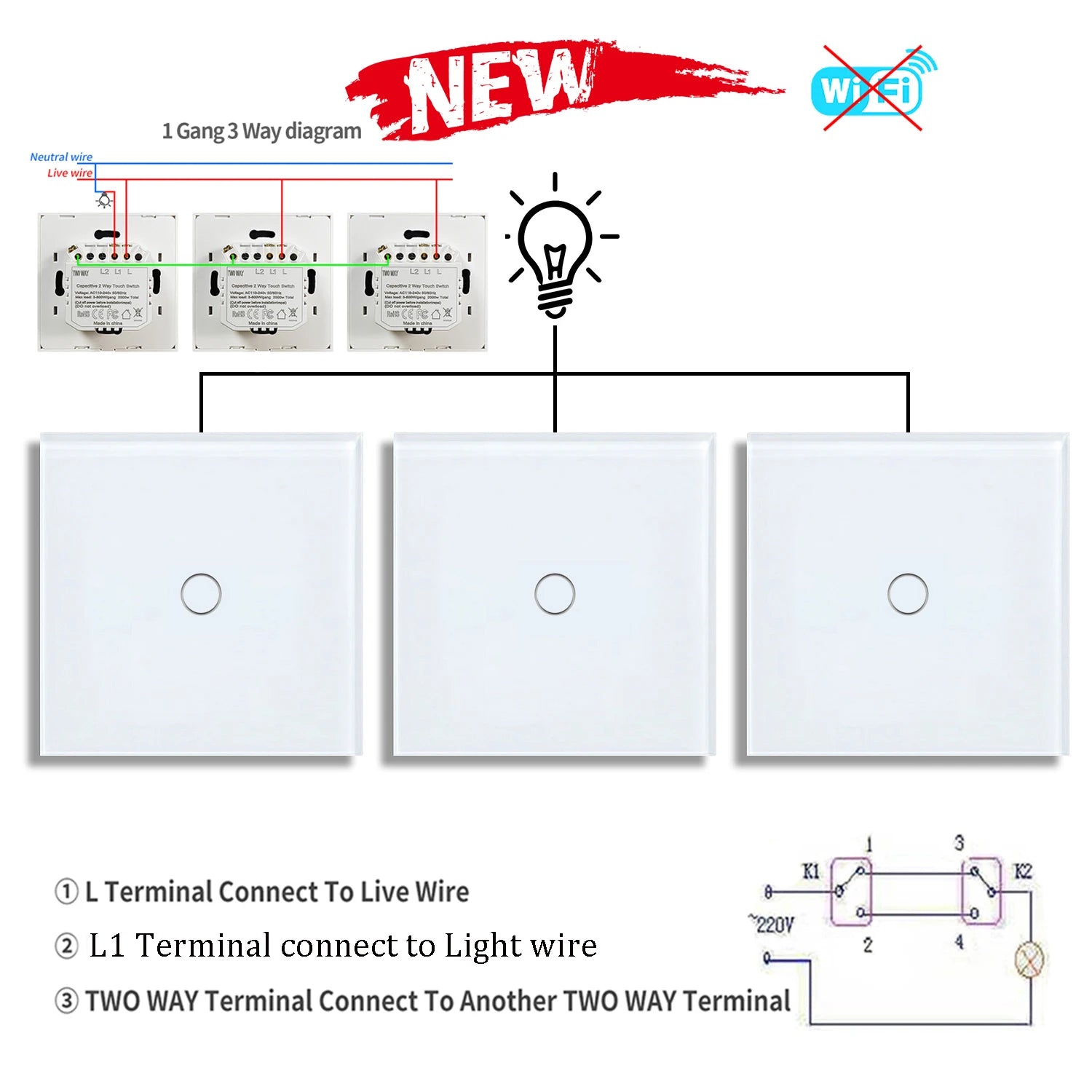 2way 3way 1gang Touch Switch Wall Light Switches No Neutral Wire 240V No Wifi For Staircase Bedside Switches Bedroom