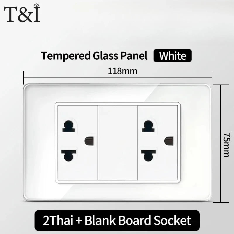 T&I 118*75mm Tempered Glass US Wall Socket White Thai USB Socket Plug with Dual USB Type-C Ports,Light Switch 110V