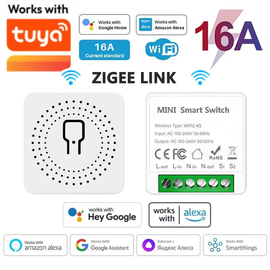 16A WiFi Smart Switch 2-Way DIY Light Switch Module Voice Control Tuya Smart Life Alexa Google Home for Smart Home Automation