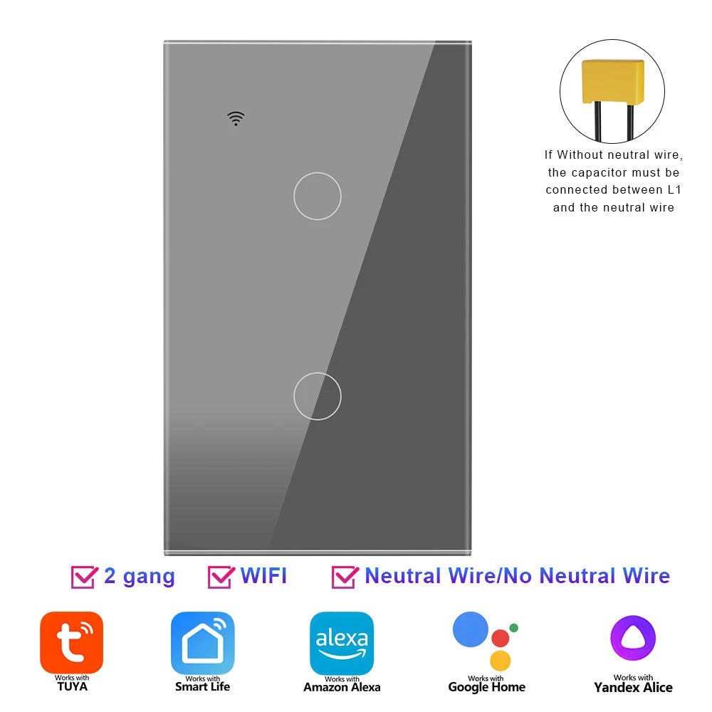 Smart WiFi Switch Single Neutral Wire Universal Touch Control Tuya APP Alexa Google Home Compatible Gold Gray