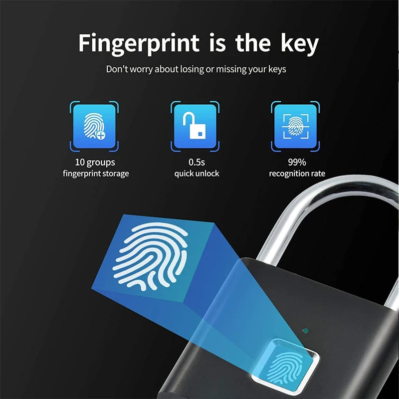 Smart Fingerprint Padlock Keyless Waterproof Zinc Alloy Biometric Padlocks USB Charging Fingerprint Lock Anti-theft Door Lock