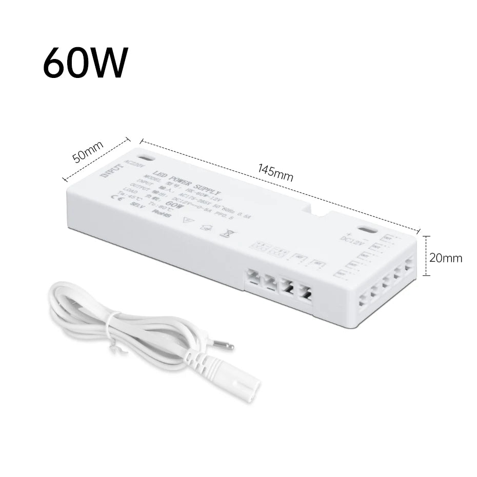 200W 150W 100W 60W 36W 24W LED Cabinet Light Strip Transformer AC220V to DC12V/24V for Home Wardrobe/Shelf with DuPont Port