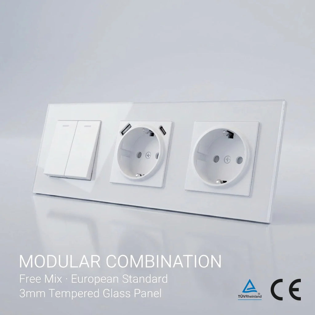 TUV Certified EU Standard Single Wall Socket with Double Power Plug USB Type-C Crystal Glass Panel 1Way Wall Switch 10A/16A 250V