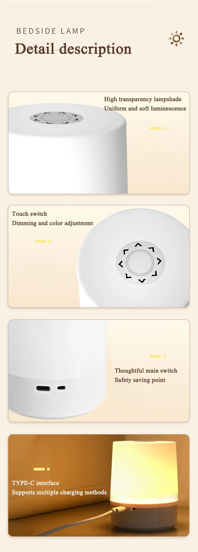 Touch Night Lamp USB LED Lamp Remote Control Switch Rechargeable Three Colors Lights Bedroom Portable Table Bedside Night Lamp