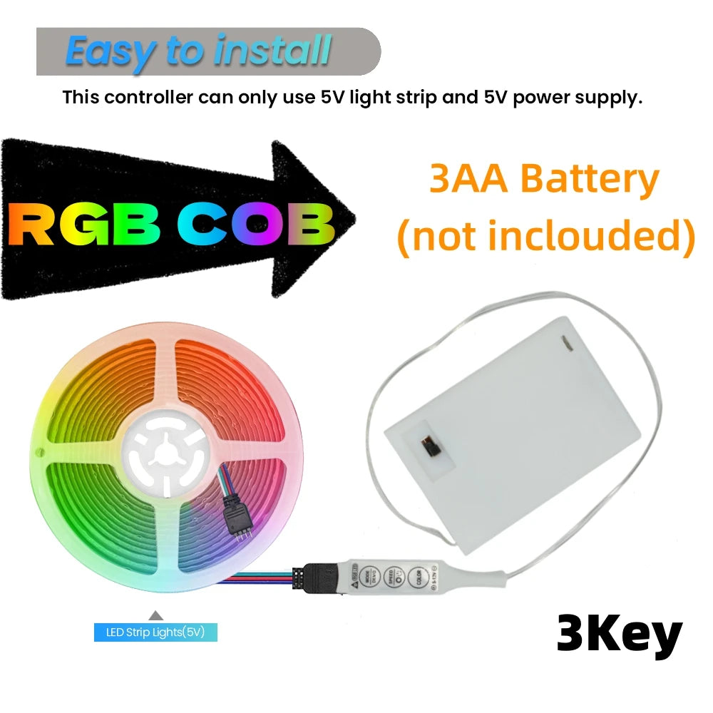 5V AA Battery RGB COB LED Strip Light Smart Bluetooth Dimmable Color Changing Flexible Tape Ribbon TV BackLight 17/24/44Key