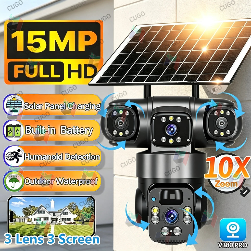 15MP IP Wifi Camera Wireless Solar Camera PTZ 3 Lens Outdoor Waterproof 10X Zoom Night Vision PIR Human Detect Security Camera