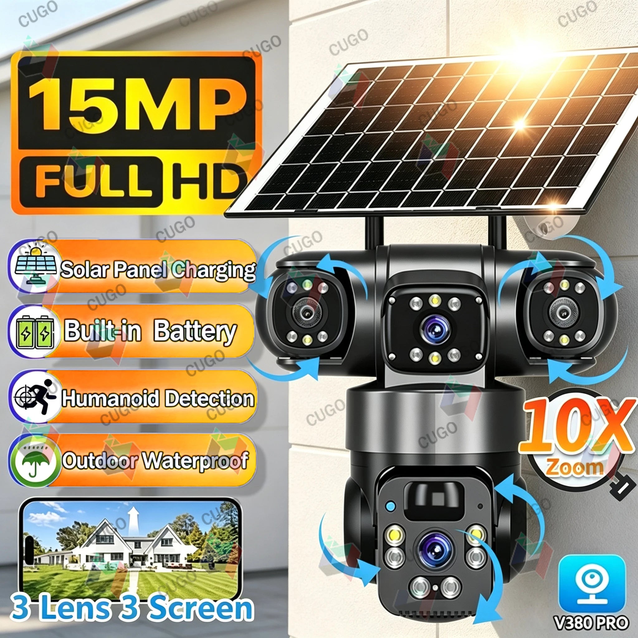 15MP IP Wifi Camera Wireless Solar Camera PTZ 3 Lens Outdoor Waterproof 10X Zoom Night Vision PIR Human Detect Security Camera
