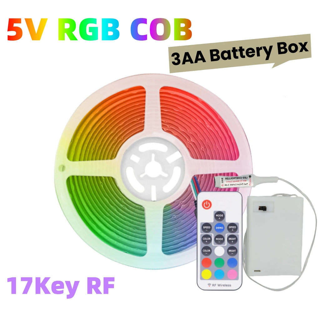 5V AA Battery RGB COB LED Strip Light Smart Bluetooth Dimmable Color Changing Flexible Tape Ribbon TV BackLight 17/24/44Key