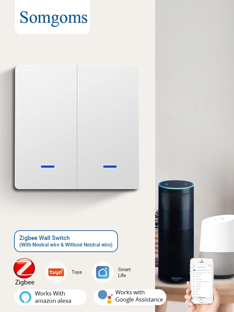Tuya Zigbee Push Button Smart Switch EU UK Light Switches No Neutral Required Alexa Google Home Automation  Zigbee2MQTT 2/3 Way