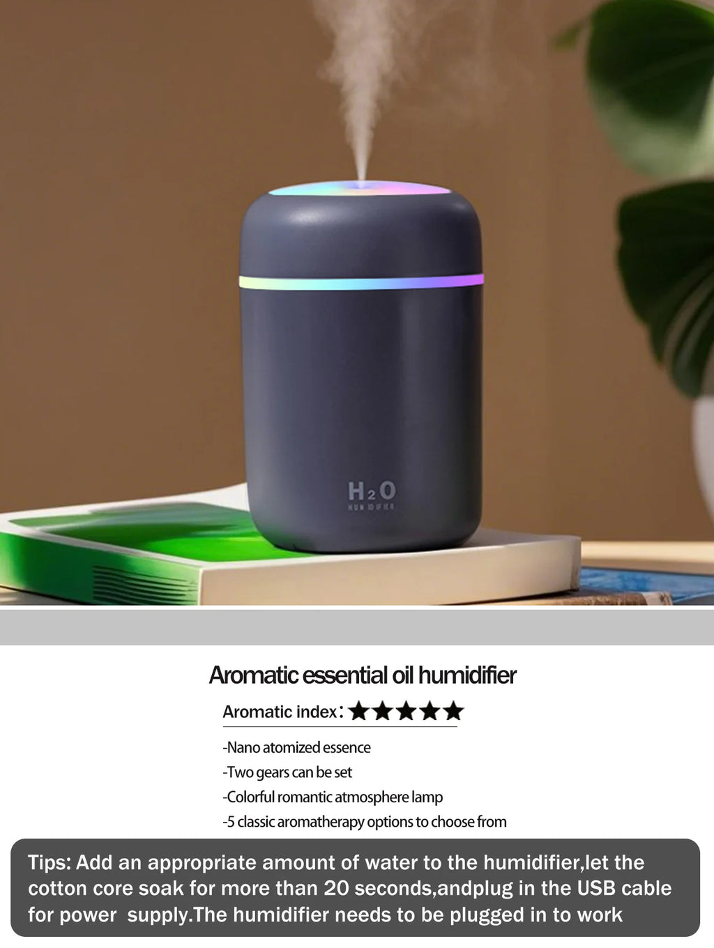 300ml Aromatherapy Diffuser Humidifier Air Purifier Car Home Use Seven-color Light Aromatherapy Essential Oil