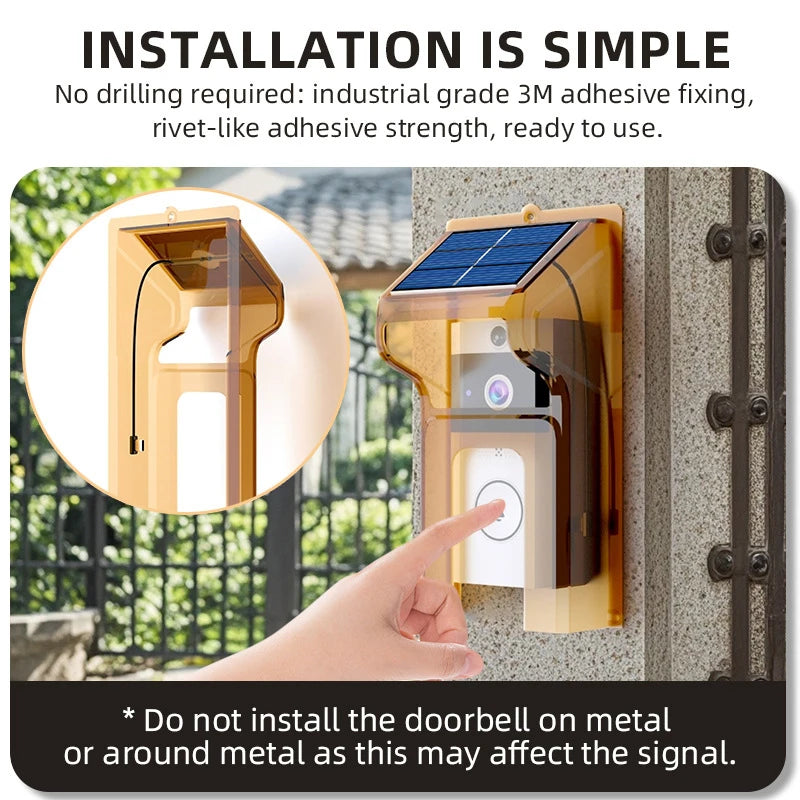 Smart Video Doorbell With Solar Charging, Wireless HD Camera, Waterproof Rain Cover, Two-Way Audio, Real-Time Mobile Monitoring
