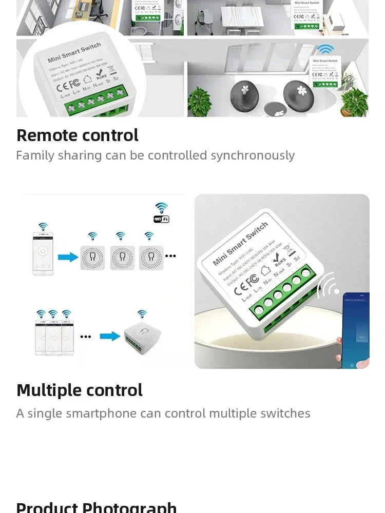 For Tuya Mini Smart WiFi Switch 16A Zigbee DIY Light Smart Switch Relay Breaker Automation Module 2-way Control Home Assistant