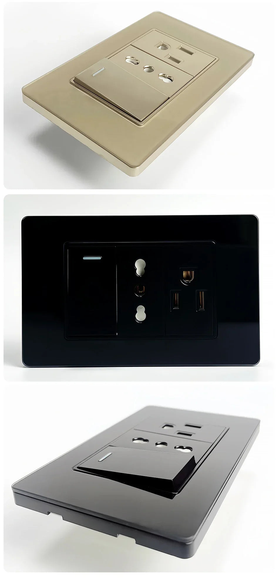US MexicoSeries Tempered Glass Panel Plate Power Wall Socket USB Type-C Outlet Light Switch 2Way Control Home Office 110V