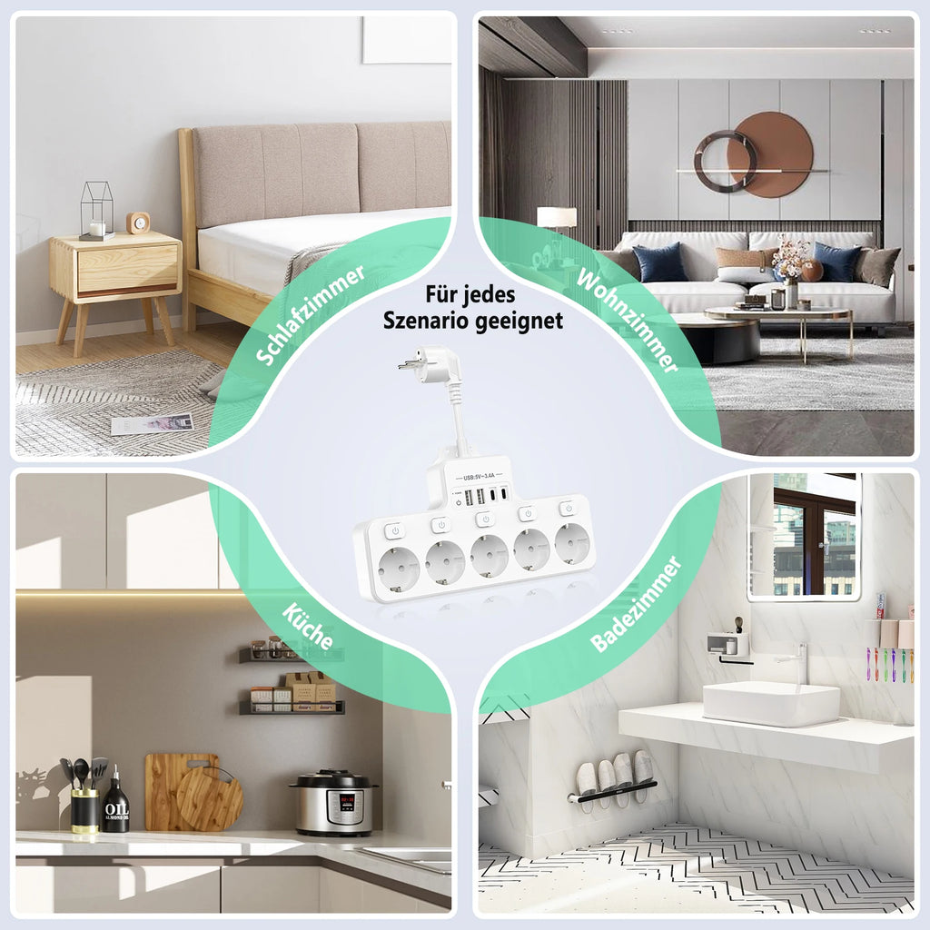 4000W 16A EU Multi-Contact Plug Power Plate Multi-Function Socket with 4 USB Fast Charging Ports 5 AC Power Jacks