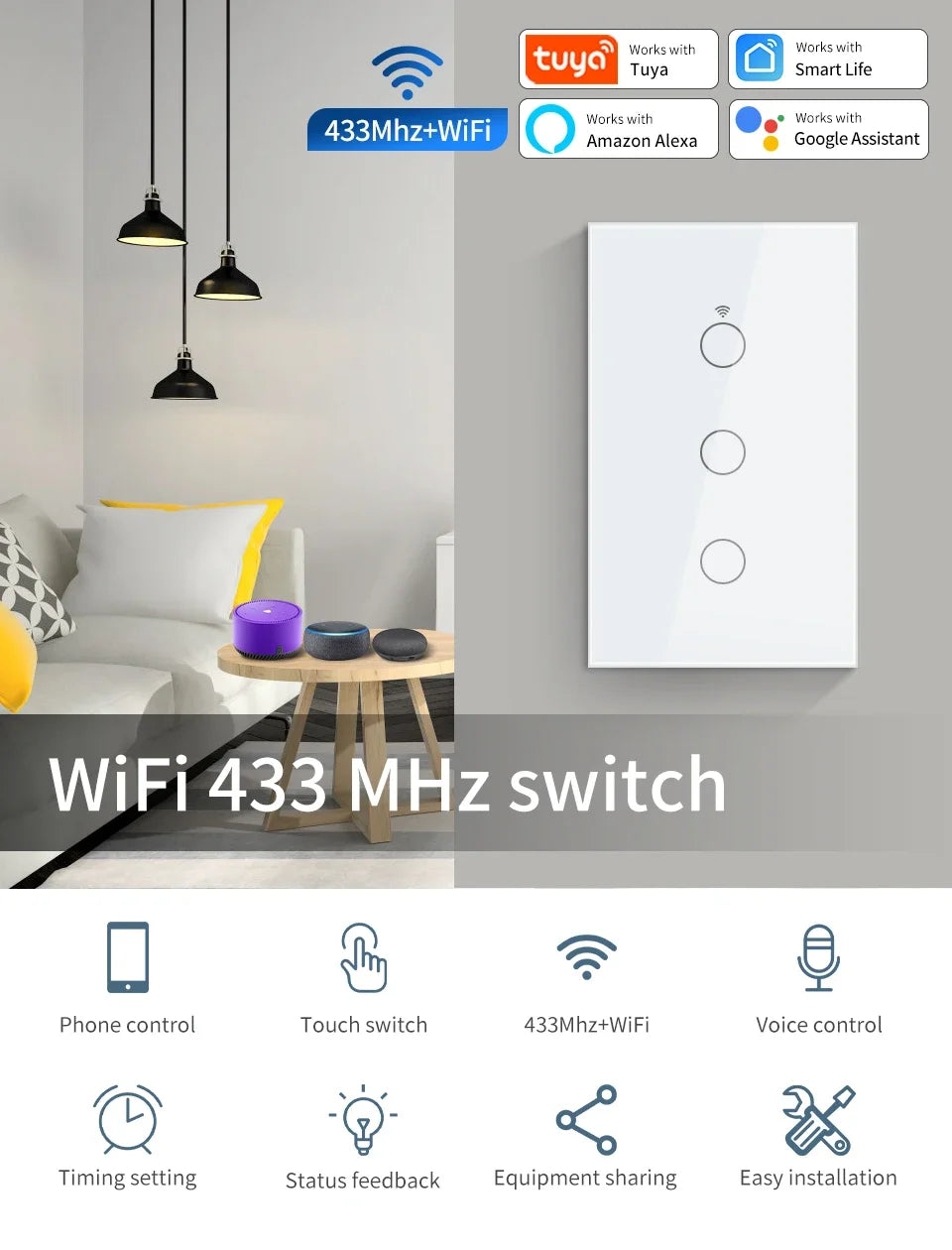 Tuya WiFi Smart Home Light Switch RF433 Neutral Wire/No Neutral Wire Required US Wall Touch Switches Support Alexa Google Home