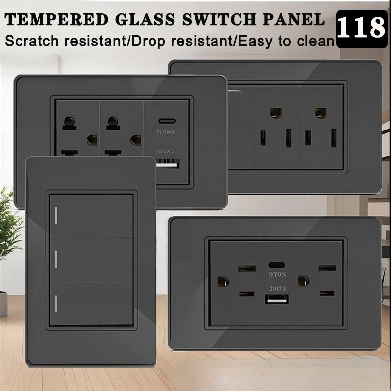 118*75mm TEMPERED GLASS SWITCH PANEL Wall Socket with USB Type - C, Grey US Switch, Thai Plug for Home & Office Use