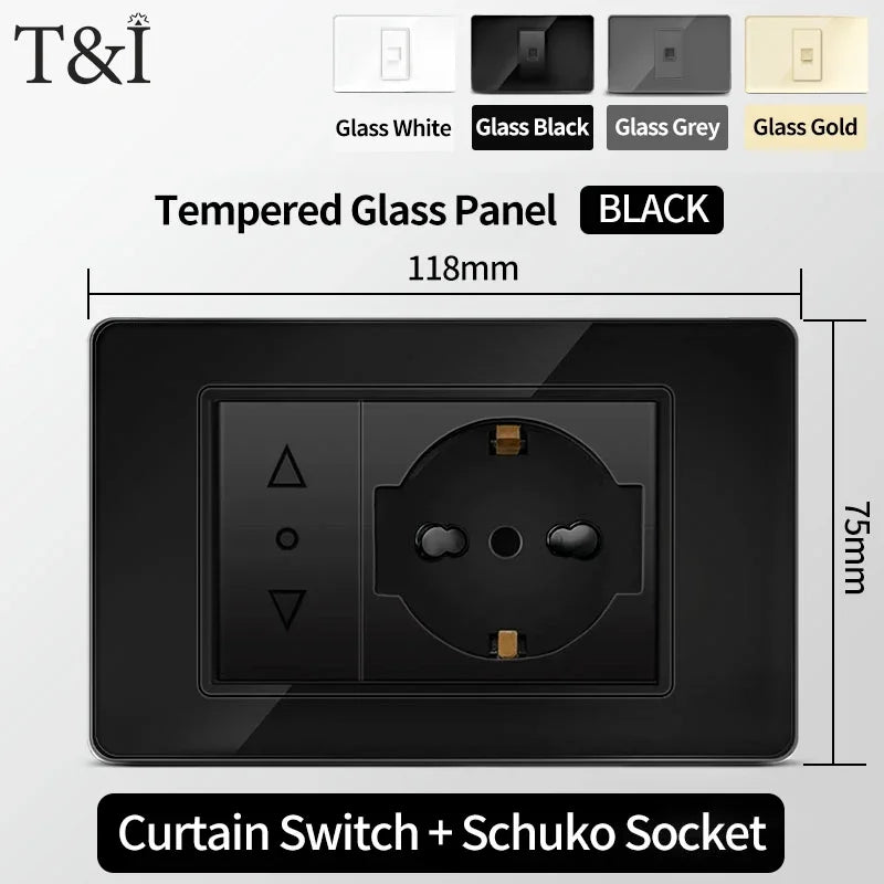 118 Series Black Tempered Glass Wall Switch Socket Italy Standard 16A Outlet with USB Type-C 20W Fast Charging for Home Office