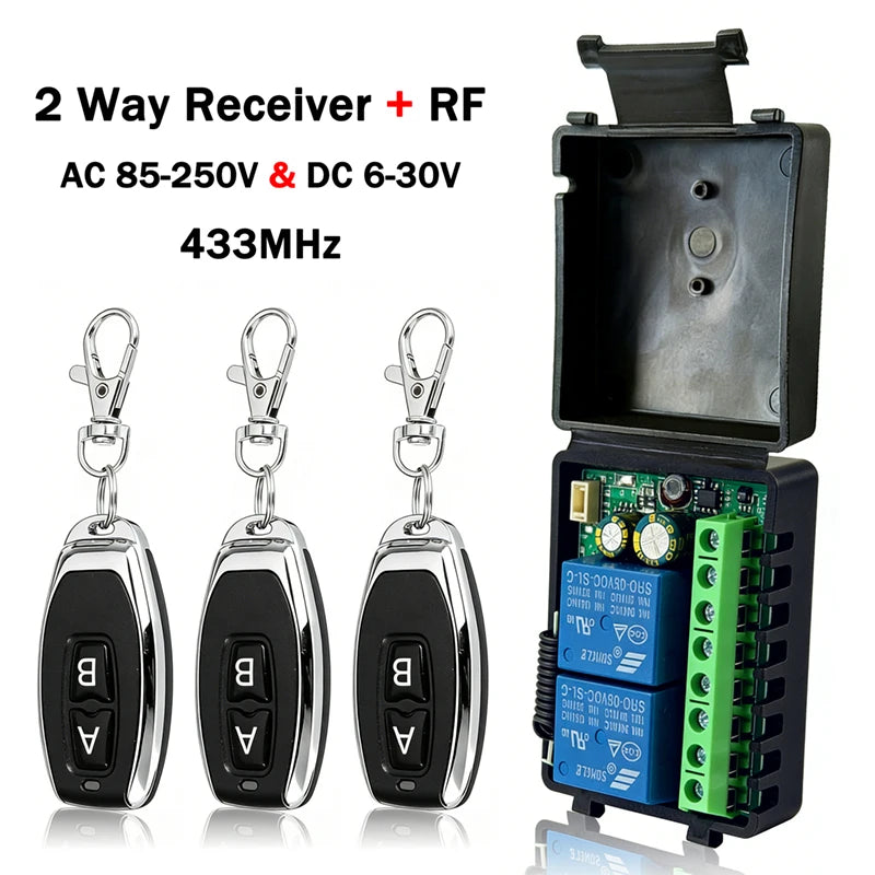 DC 6-30V and AC 85-250V 433MHz RF Wireless Remote Control Switch 2CH Receiver Relay For Garage Door Gate Motors Curtain Lighting