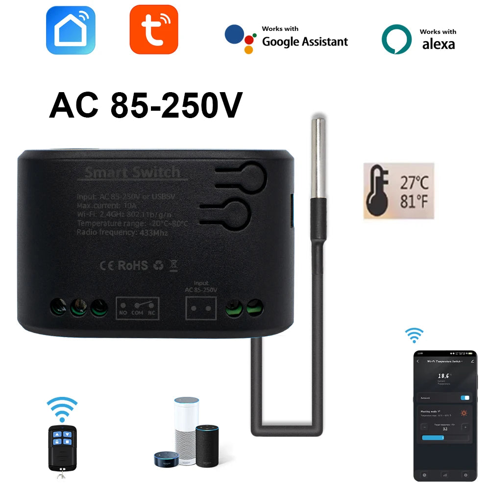 Wifi Temperature Sensor Tuya Smart Wifi Rf433 Intelligent Thermostat Switch 10A Data Monitoring Alexa Google Home Compatible