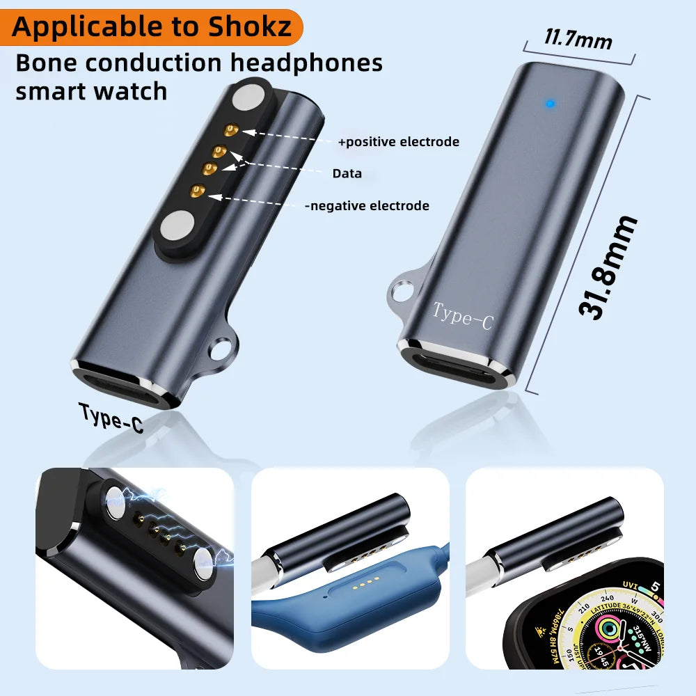 Suitable for Shokz devices bone transfer headset/smart watch charging adapter USB-C to 7.62MM 2-pin/4-pin magnetic charging port