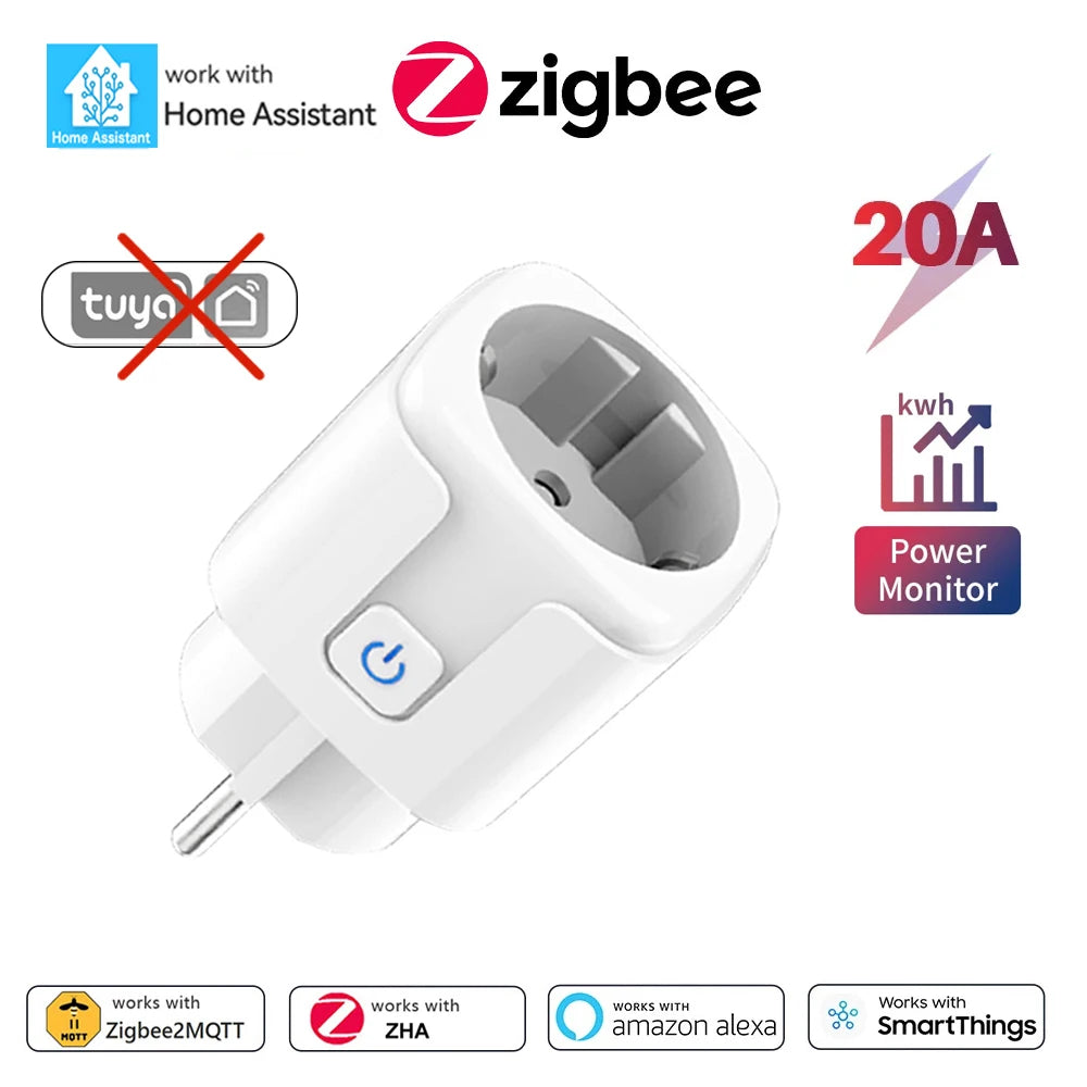 Home Assistant ZigBee Smart Plug 20A/16A EU Smart Socket with Power Monitor App Voice Control Works with Alexa Google Home Z2M