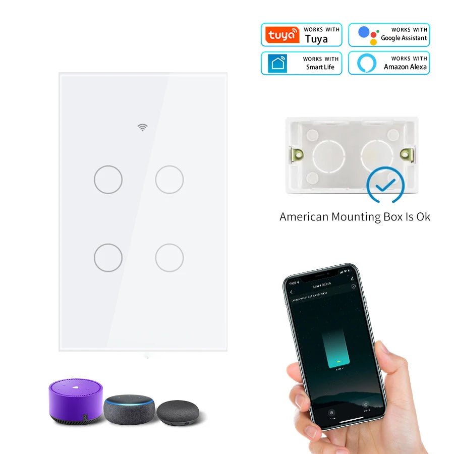 Tuya WiFi Smart Home Light Switch RF433 Neutral Wire/No Neutral Wire Required US Wall Touch Switches Support Alexa Google Home