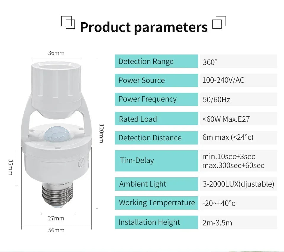 Smart Motion Sensor 220V 110V E27 Bulb Socket Lamp Base Human Body Detector PIR Sensor Home Automation Auto On Off Light Switch