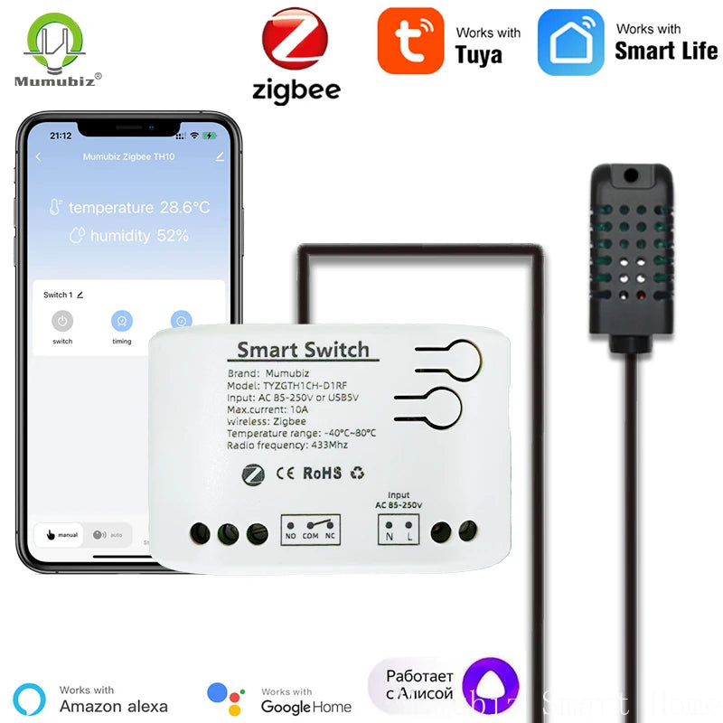 Tuya Smart TH10 Zigbee Switch with Temperature and Humidity Sensor Passive Dry Contact Zigbee Relay Work with Home Assistant
