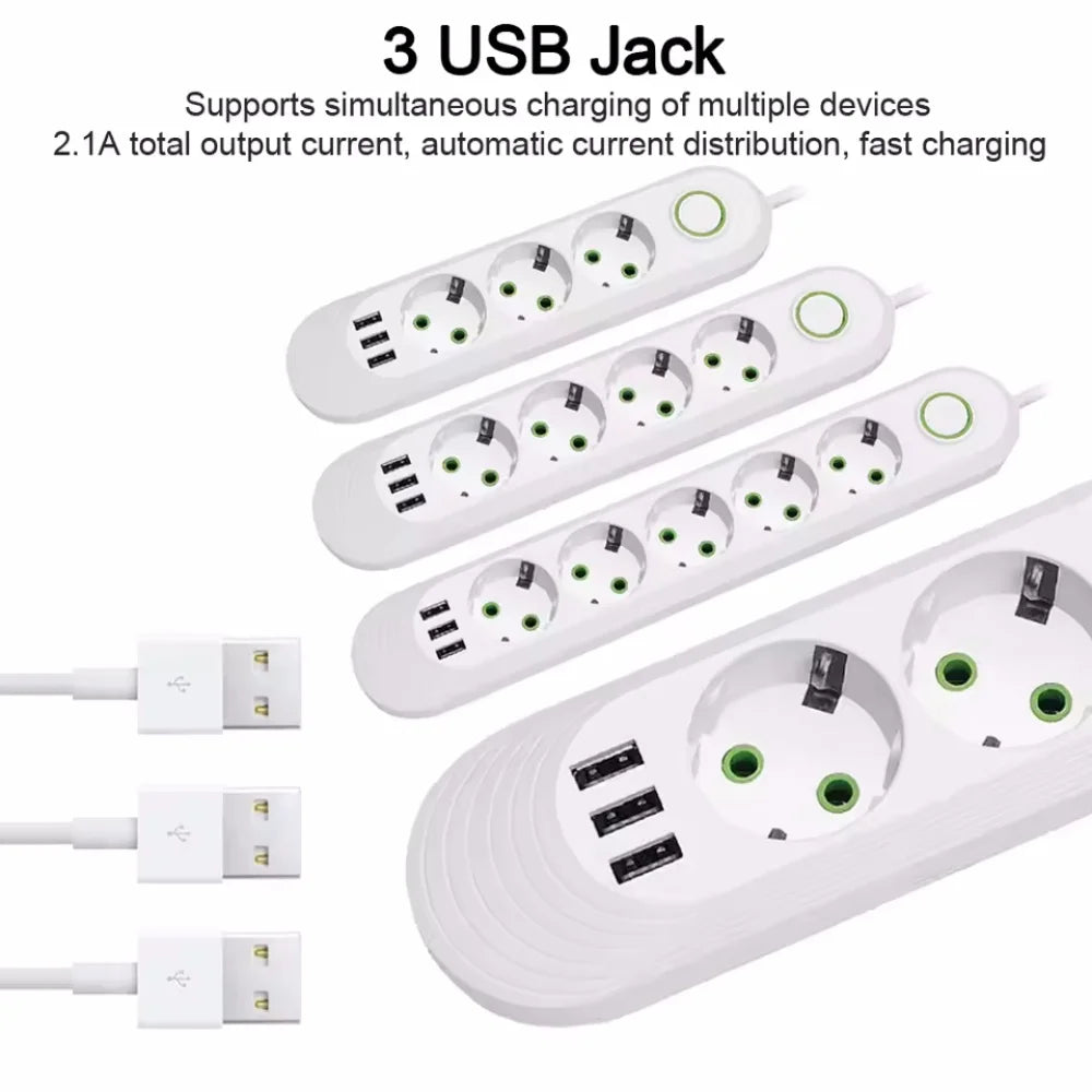 2M Cable EU Plug Power Strip with 3 USB Socket Network Filter Round Pin AC Outlet Ports Extension Cord Electrical Charge Adapter