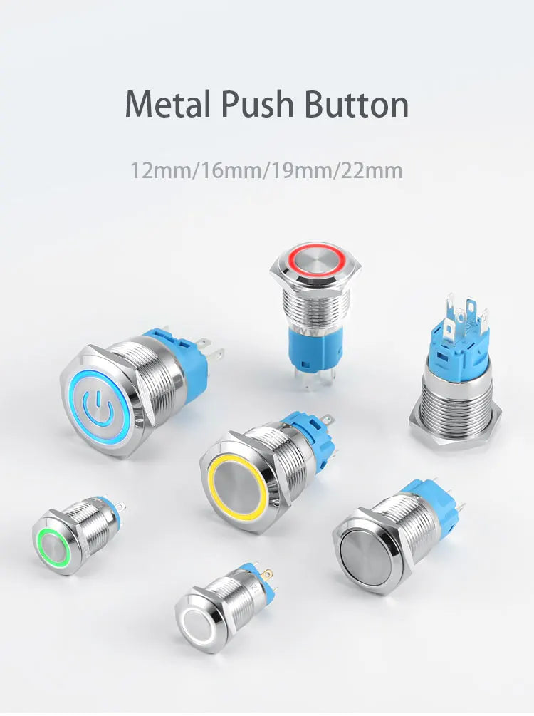 12mm 16mm 19mm 22mm metal push button on off switch power LED light Waterproof Flat circular button 3v 6v 12v 24v 110v 220v ip65