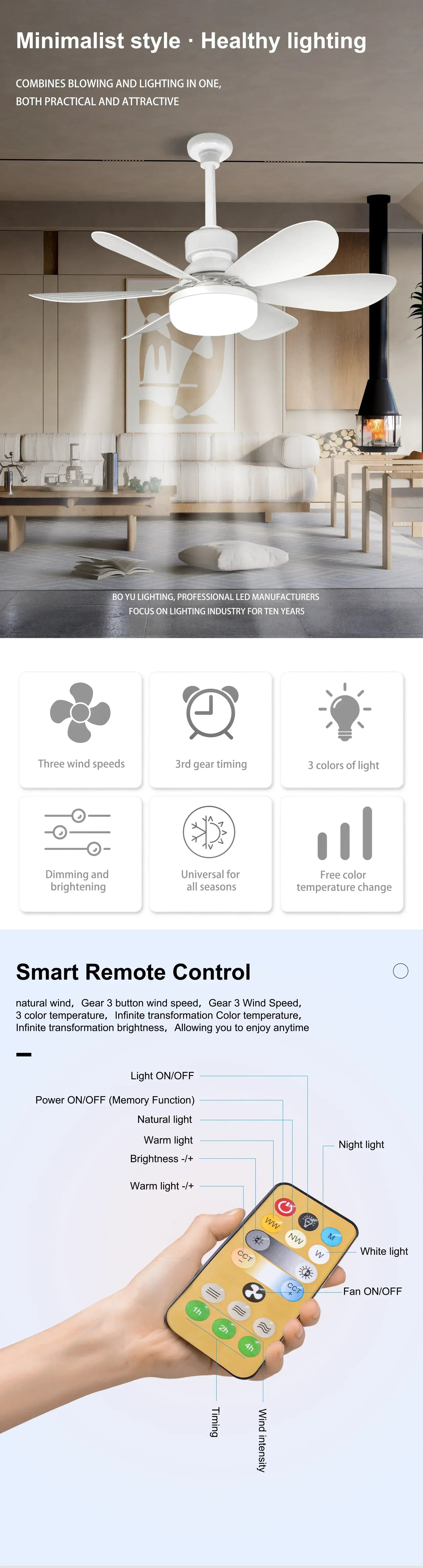 LED 30W Ceiling Fan Light E27 with Remote Control for Dimming, Suitable for Living Room, Study, Household Use, 85-265V